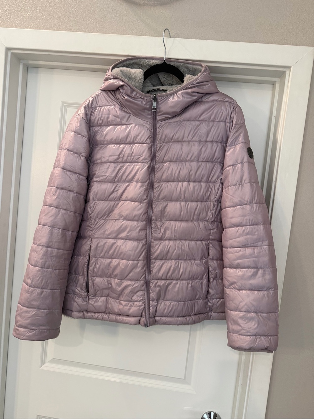Andrew Marc Hooded Puffer Jacket Size XXL Lavender Faux Fur Lined Pockets